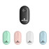 A wireless travel mouse in black, mint, pink, white, and blue, featuring a logo on each device.