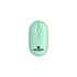 A mint green wireless travel mouse featuring a logo, with a sleek, compact design.