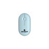 A slim, light blue wireless travel mouse featuring a logo.