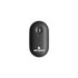 A slim wireless travel mouse in black with a logo on the surface, featuring a scroll wheel and minimalist design.