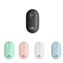 A Slim Wireless Travel Mouse in black, mint green, pale pink, white, and light blue, featuring a logo.