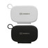 A wireless travel charger set in white and black, featuring a logo on each unit. Compact and portable design.