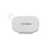 A white 3-in-1 wireless travel charger with a logo, featuring a compact design and a small attachment loop.