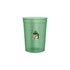 A translucent green plastic stadium cup with a logo on the front.