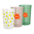 A set of three 650ml translucent plastic stadium cups in white, beige, and green, featuring various designs and logos.