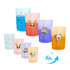 A collection of 473ml colour changing plastic stadium cups in various colours, featuring playful designs and logos.