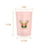 A plastic stadium cup in pink, featuring a design with a logo, measuring 11cm in height and 9cm in diameter.