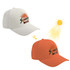 A colour changing baseball cap featuring a white design that transforms to orange in sunlight, with a logo.
