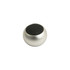 A silver mini bass wireless speaker with a round shape and a black mesh surface on top, featuring a logo.