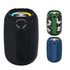 A waterproof Bluetooth speaker in black, camo, and blue designs, featuring buttons for volume and connectivity.
