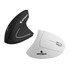 An ergonomic wireless mouse in black and white colours, featuring a sleek design and a logo.