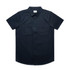 A short-sleeved work shirt in navy blue with two chest pockets and a collar, featuring a logo.