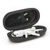 A black carrying case containing white ear buds and a charging cable, designed for the Neutron Bluetooth Receiver.