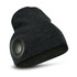 A black Bluetooth beanie with a textured knit design and a circular speaker on the side.