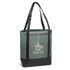 A green and black tote bag with long handles and a logo on the front.
