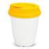 A drink bottle featuring a white body and a bright yellow lid, with a textured design and a logo.