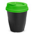 A drink bottle with a black body and a green lid, featuring a ribbed design and a sealed top.