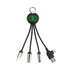 A round-shaped, black multi charging cable with four connector types, featuring a glowing green logo and a keyring.