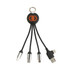 A round-shaped black charging cable with three connectors and a keyring attachment, featuring an illuminated design.
