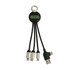 A round black charging cable with multiple connectors, featuring a keyring attachment and a logo.