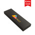 A black box with a colourful triangular logo, designed for packaging a product.