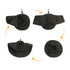 A foldable black bucket hat displayed in multiple positions, featuring a clip for easy storage.