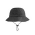 A foldable bucket hat in black with a chin strap and a branded logo.