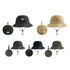 A collection of foldable bucket hats in black, khaki, navy, grey, and olive green with circular compact storage.