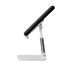 A folding desktop phone stand in white with a black phone positioned upright, featuring a sleek design.