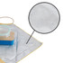 A silver lunch box bag with a textured interior, holding a blue container and a wooden lid. It features a logo.