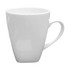 A white coffee mug with a tapered design and a curved handle. It features a logo on the surface.
