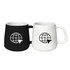 A set of two coffee mugs in black and white featuring a globe design and a visible logo.
