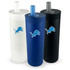 A drink bottle set featuring three vacuum tumblers in white, blue, and black, each with a logo.