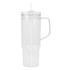 A clear travel mug with a handle and straw, designed for beverages, featuring a logo.