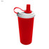 A drink bottle in red with a white lid and a straw, featuring a carrying strap and a logo.