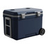 A navy blue rolling cooler box with a handle and wheels, featuring two cup holders on the lid.