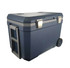 A navy blue rolling cooler box with a handle and wheels, designed for easy transport. It features a sturdy build and a logo.