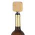 A drink bottle with a bamboo wine stopper opener, featuring a square top and metallic base.
