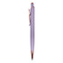 A metal pen in a soft lavender hue with a rose gold clip, featuring a sleek design and branding.