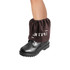 Waterproof boot covers in a brown colour, designed to fit over black boots, featuring a logo on the side.