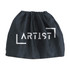A black fabric bag with a drawstring closure and a logo prominently displayed on the front.