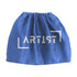 A blue fabric bag with a gathered top and a logo printed on the front.