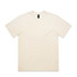 A plain cream-coloured T-shirt featuring a tag and no visible design or branding.