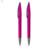 A set of two pink plastic pens with silver accents and a logo.