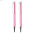 A set of two pink plastic pens with white accents, featuring a sleek design and a logo on the side.