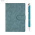 A light blue notebook with a clasp and a matching pen, featuring a silver trim. The set includes a logo.