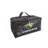 A black nylon mesh cosmetic bag with a zipper, containing beauty products and featuring a logo.