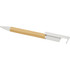 A bamboo pen with a white clip, featuring a minimalist design and a logo on the clip.
