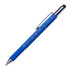 A blue metal pen with a textured grip, featuring a ruler design and a stylus tip. It has a silver clip and detailing.