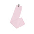 A pink waffle golf towel with a loop for easy attachment, featuring a textured surface.